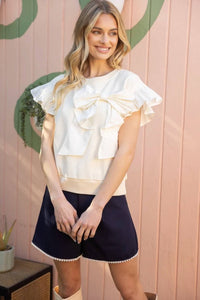 Voy - Contrast Ribbon Ruffle Sleeve Sweat Top