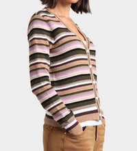 Minnie Rose - Cotton Cashmere Weekend Texture Stripe Cardigan