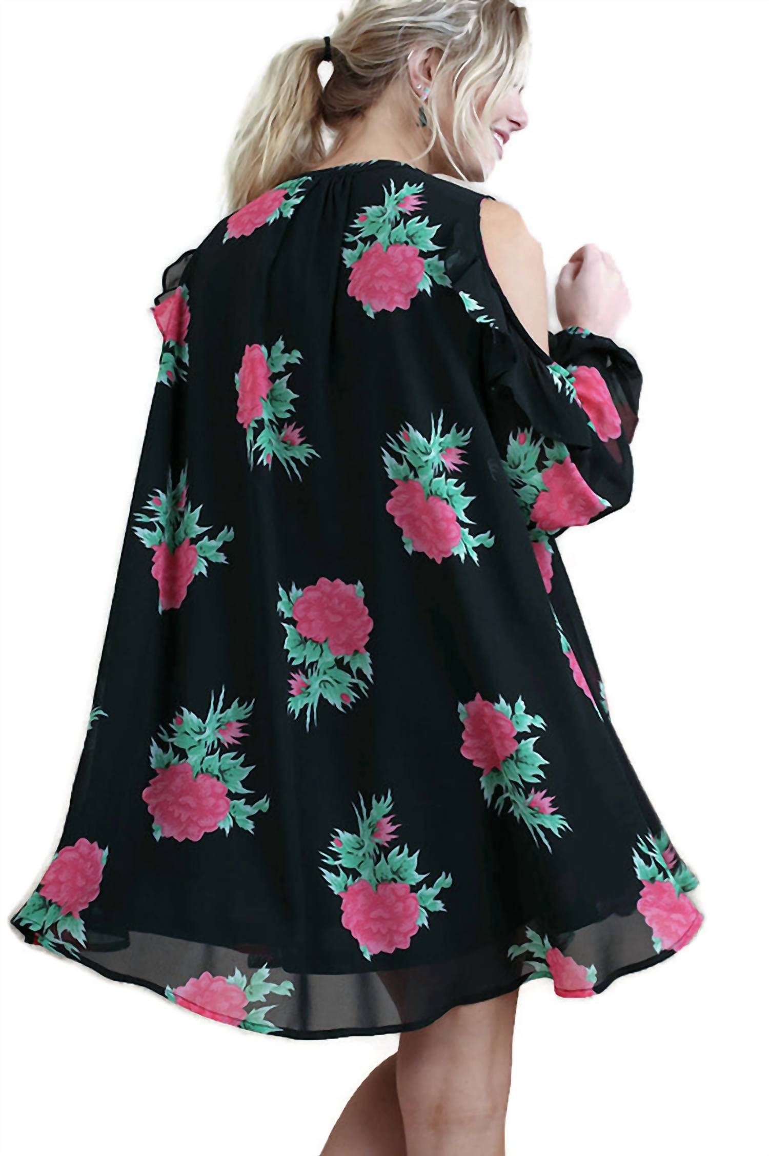 Umgee - Floral Cold Shoulder Keyhole Dress