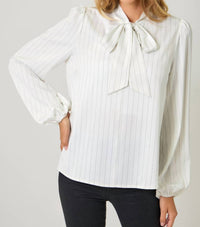 mystree Ribbon Tie Stripe Top in ivory - women's blouse