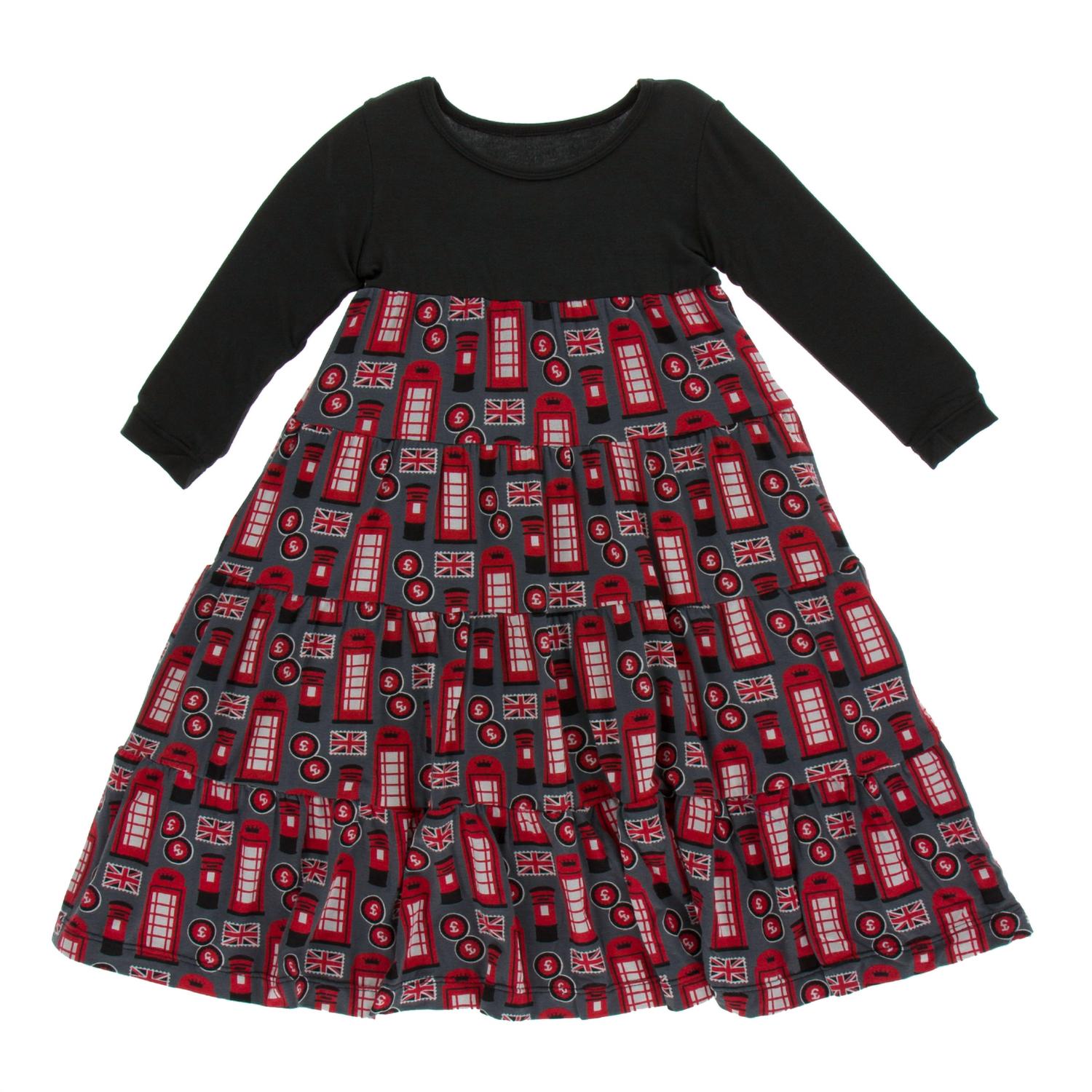 Kickee - Girls' Bamboo Print Long Sleeve Tiered Dress
