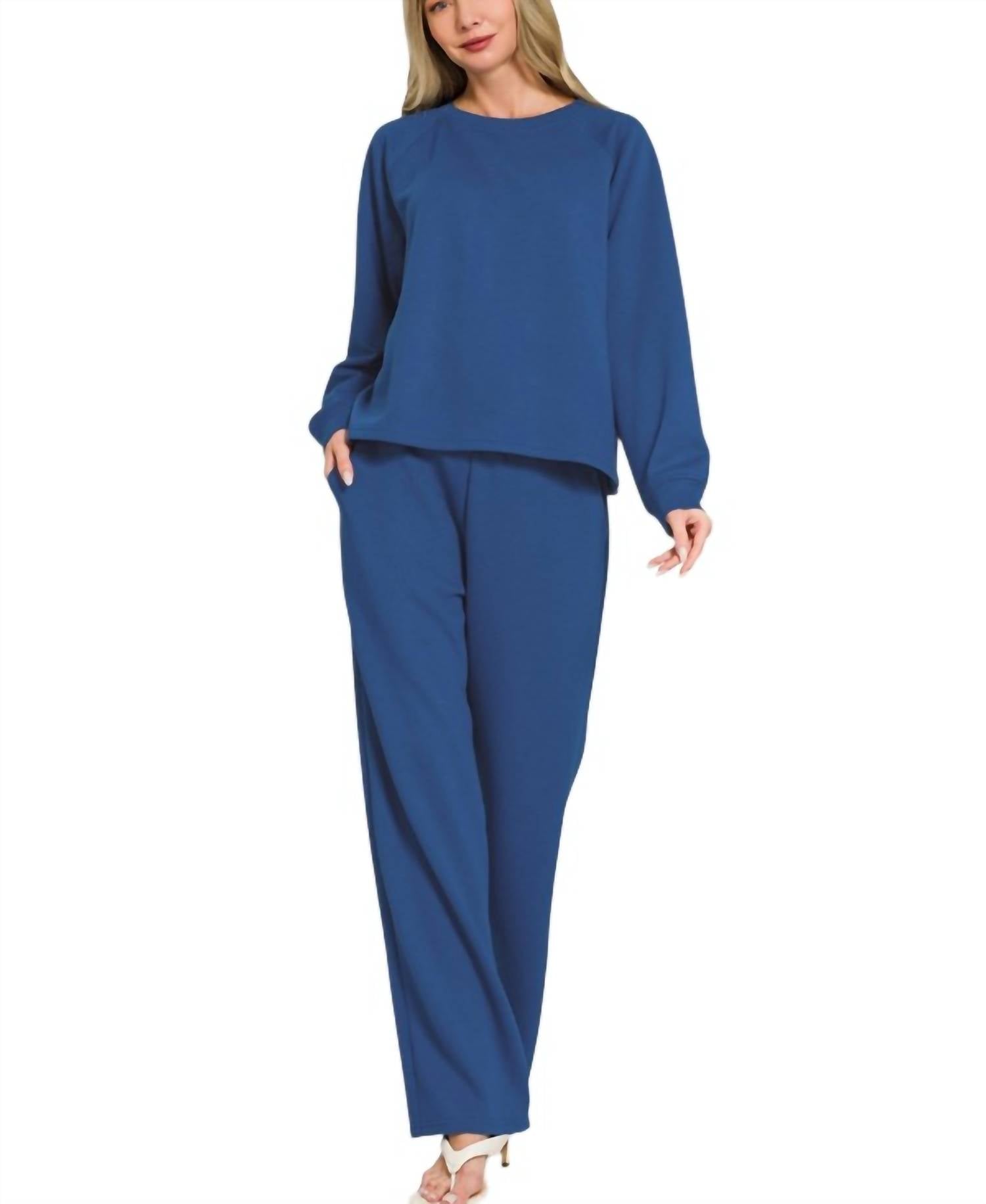 Zenana - Scuba Crewneck Pullover Pants Set