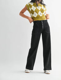 JUST BLACK DENIM Button Down Slim Wide Leg Jean in black - women's jeans - detail view