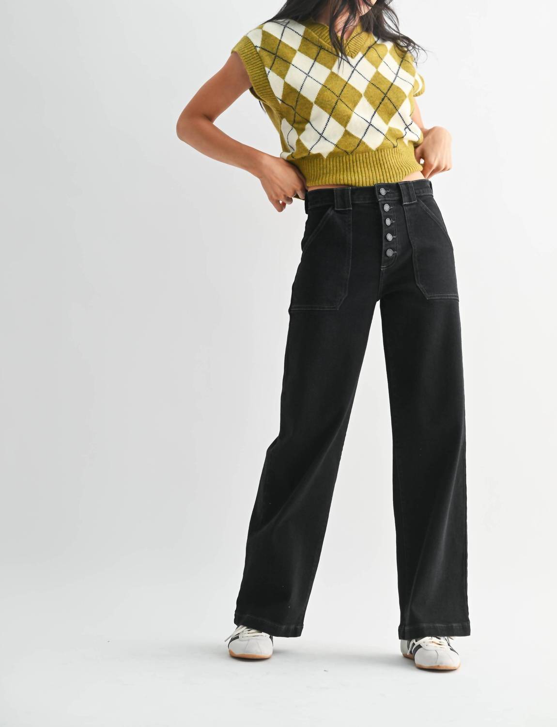 JUST BLACK DENIM Button Down Slim Wide Leg Jean in black - women's jeans - detail view