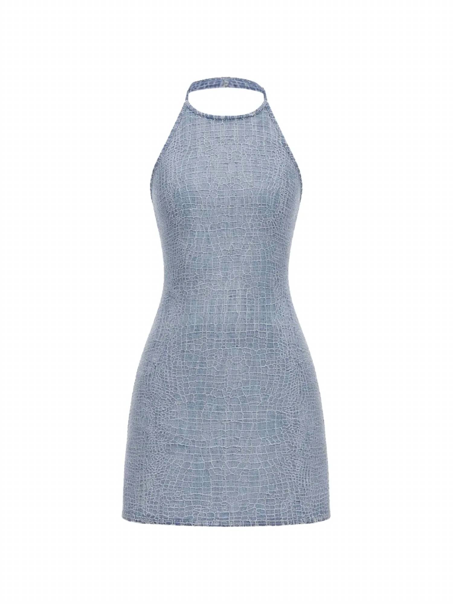 Self-Portrait - Rhinestone Croc Effect Denim Mini Dress