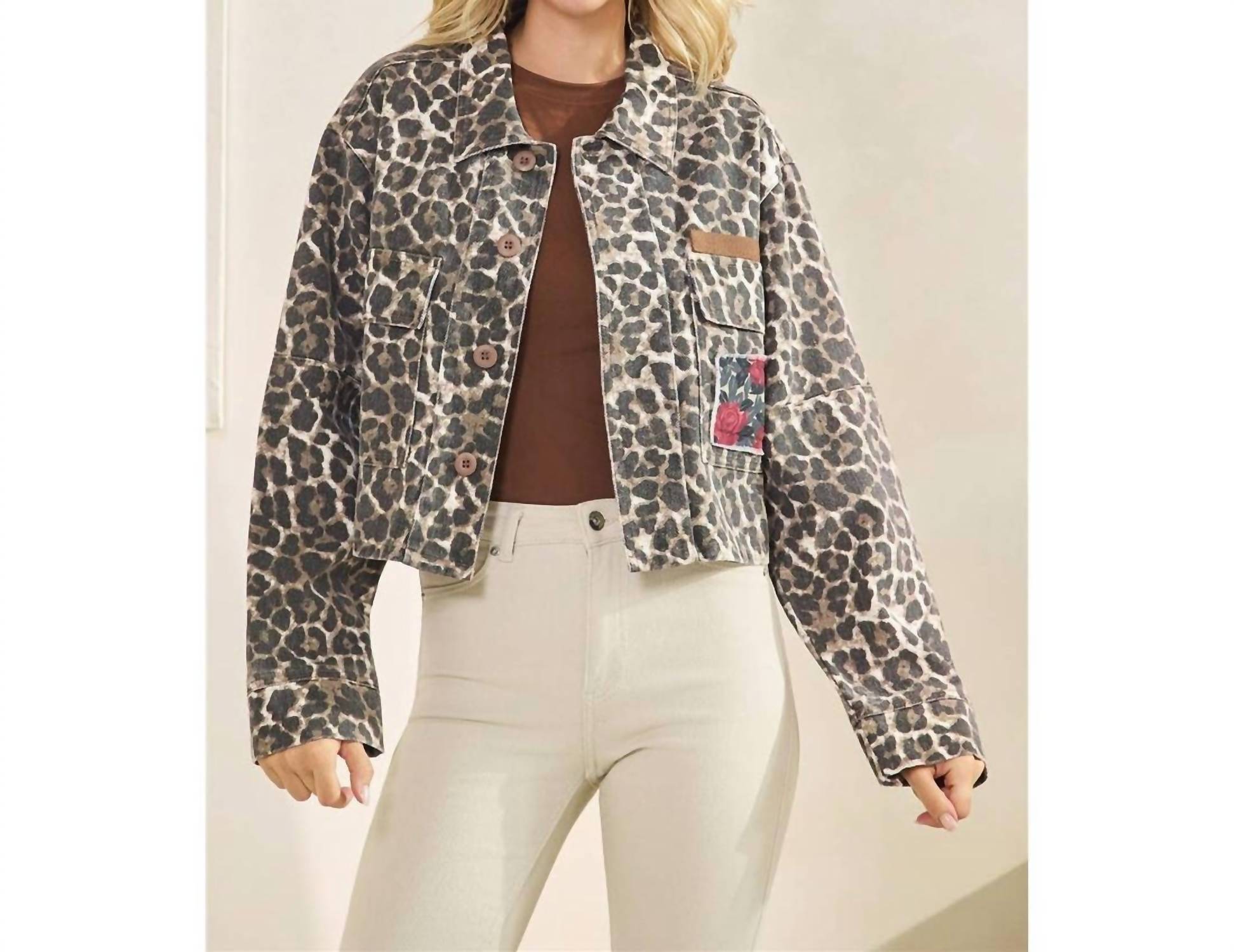 Carole Christian Patchwork Cropped Denim Jacket in leopard rose - women's jacket