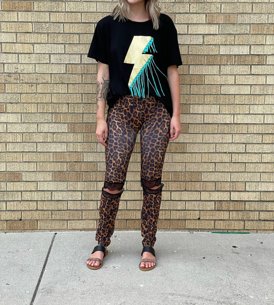 Leopard Leggings w/ Black Lace Knee