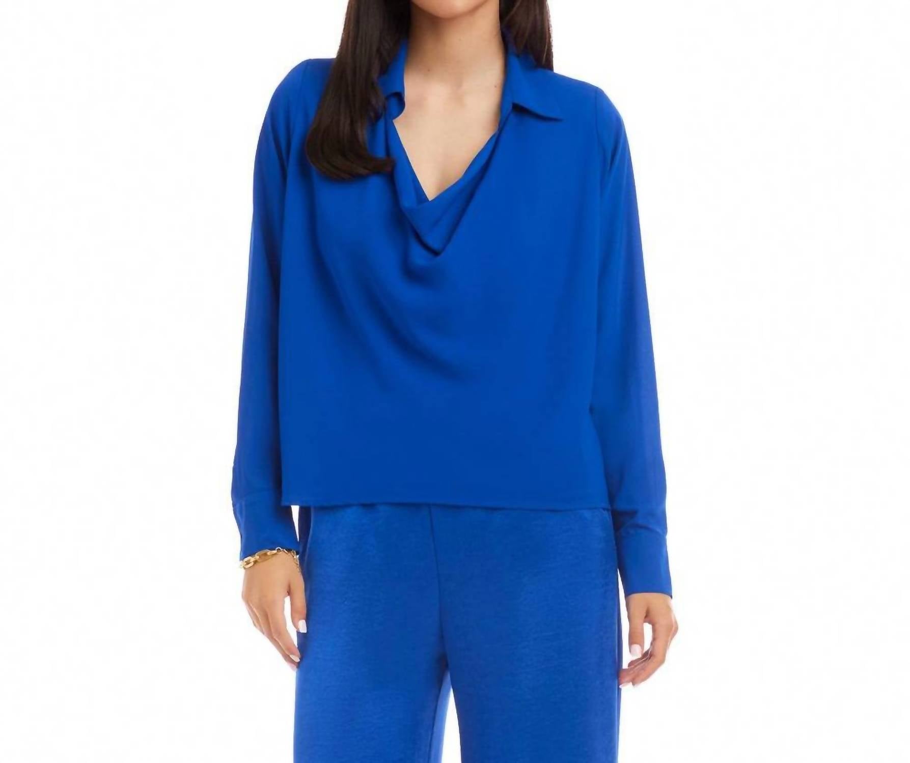 Karen Kane Long Sleeve Collared Cowl Neck Top in sapphire blue - women's blouse