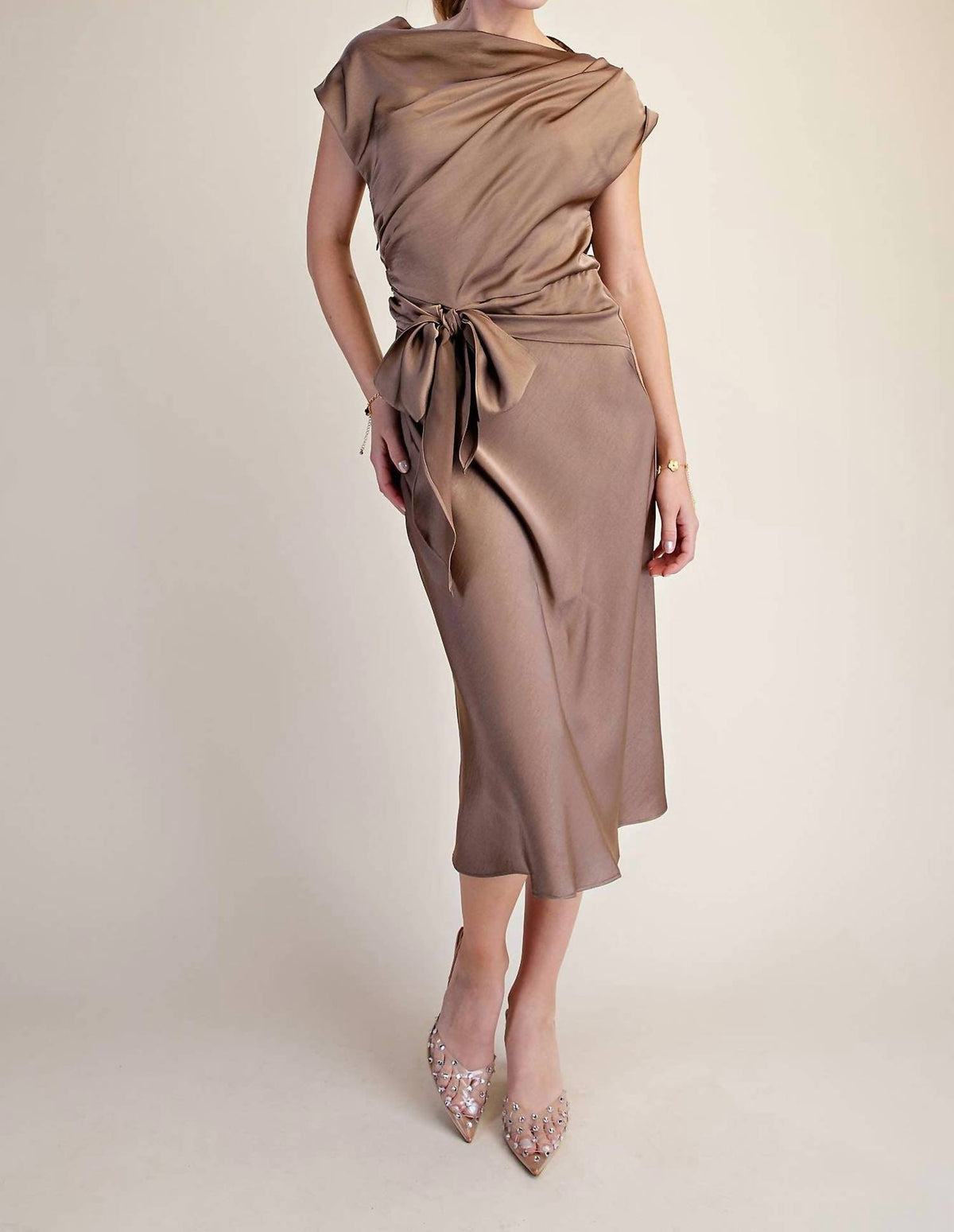 Glam - Asymmetrical Waist Tie Midi Dress