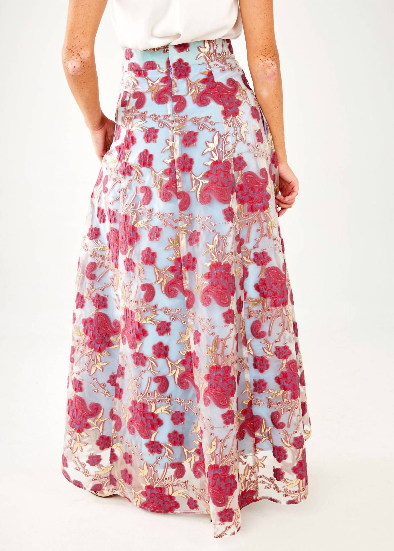 ABBEY GLASS Olivia Moonlight Petal Organza Maxi Skirt in light blue red - women's skirt - detail view