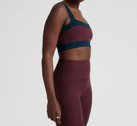BEYOND YOGA Spacedye Horizon Colorblock Bra in midnight burgundy nocturnal navy - women's intimate - detail view