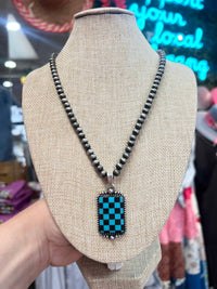 Boho Ranch Women's Checkered Pendant Necklace in black turquoise - women's item