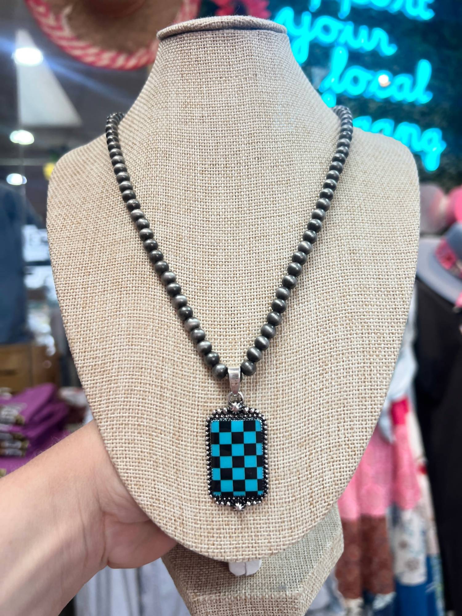Boho Ranch Women's Checkered Pendant Necklace in black turquoise - women's item