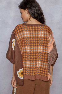 POL Plaid And Floral Knit Top in choco brown - women's shirt - detail view