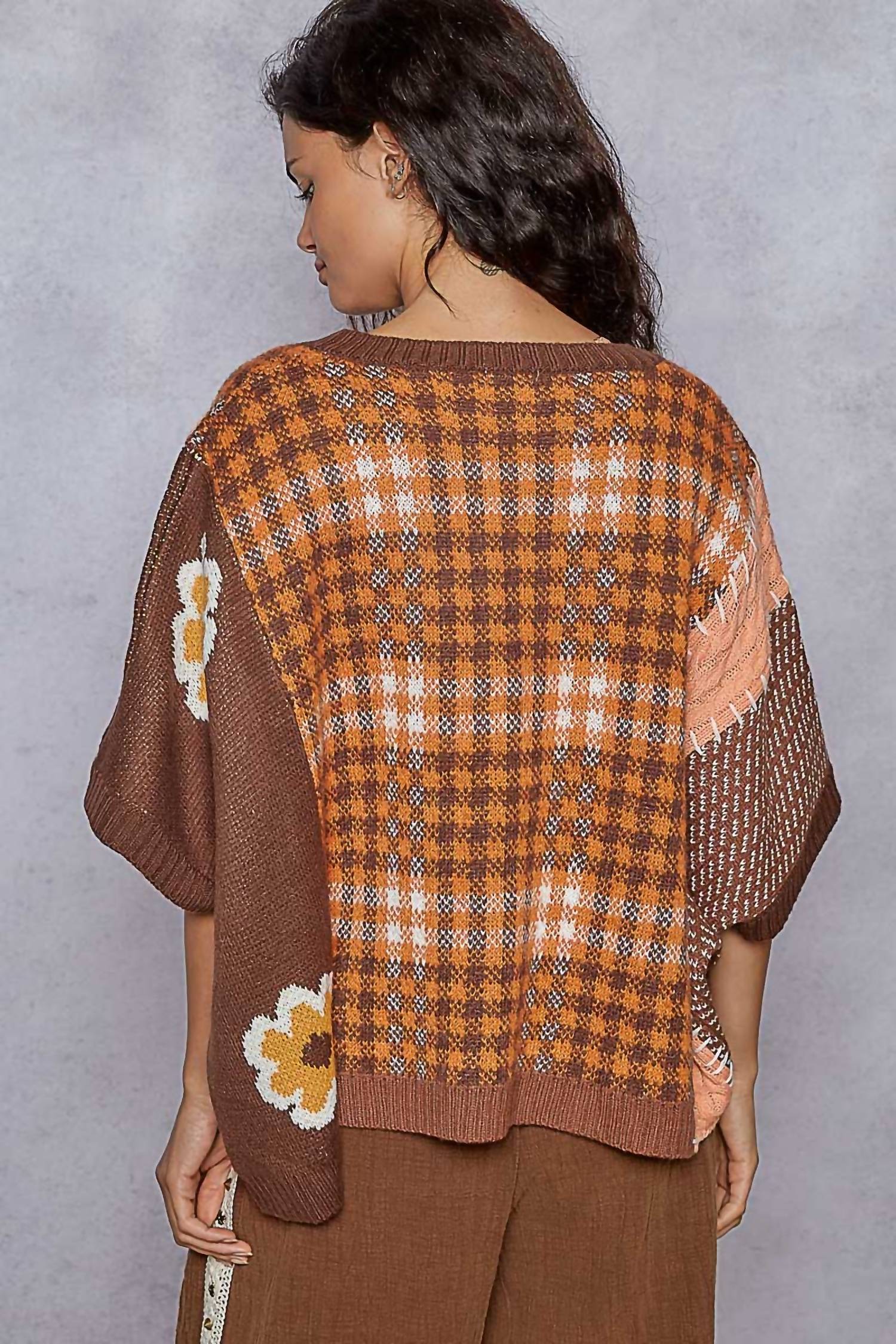 POL Plaid And Floral Knit Top in choco brown - women's shirt - detail view