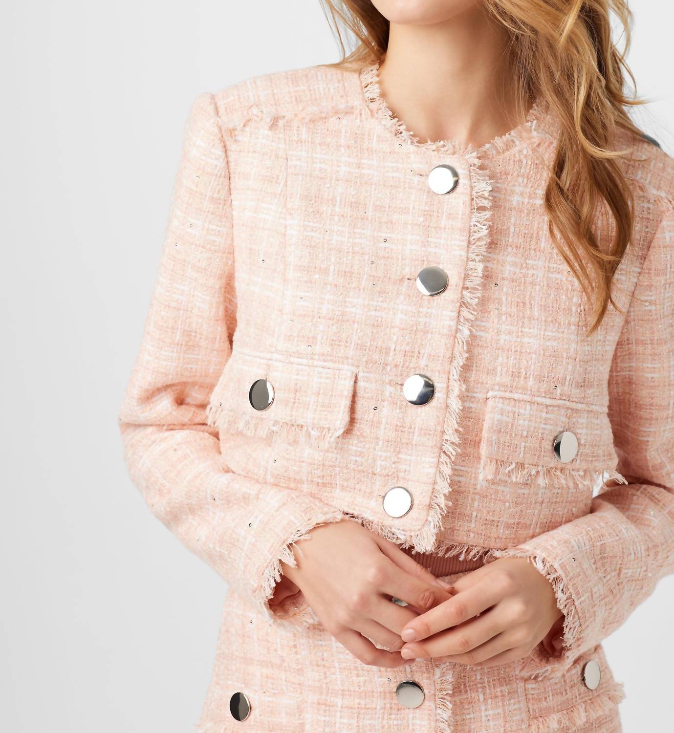 TOCCIN Lainey Crew Neck Tweed Jacket in pink sand - women's jacket - alternate view