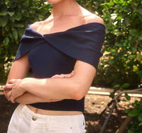 LUCY PARIS Solene Off Shoulder Top in navy - women's shirt - detail view