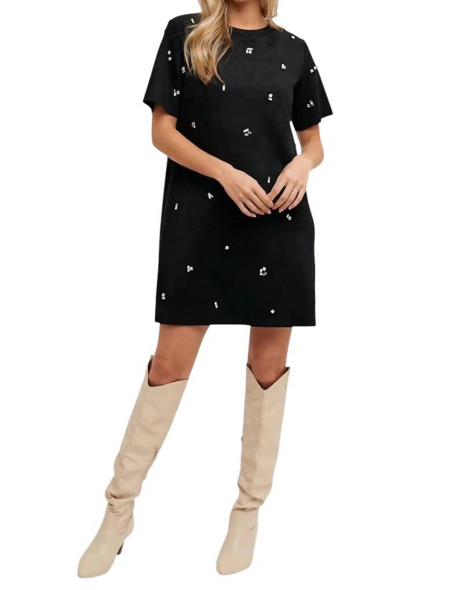 Bluivy - Elle Rhinestone Embellished Suede Shift Mini Dress