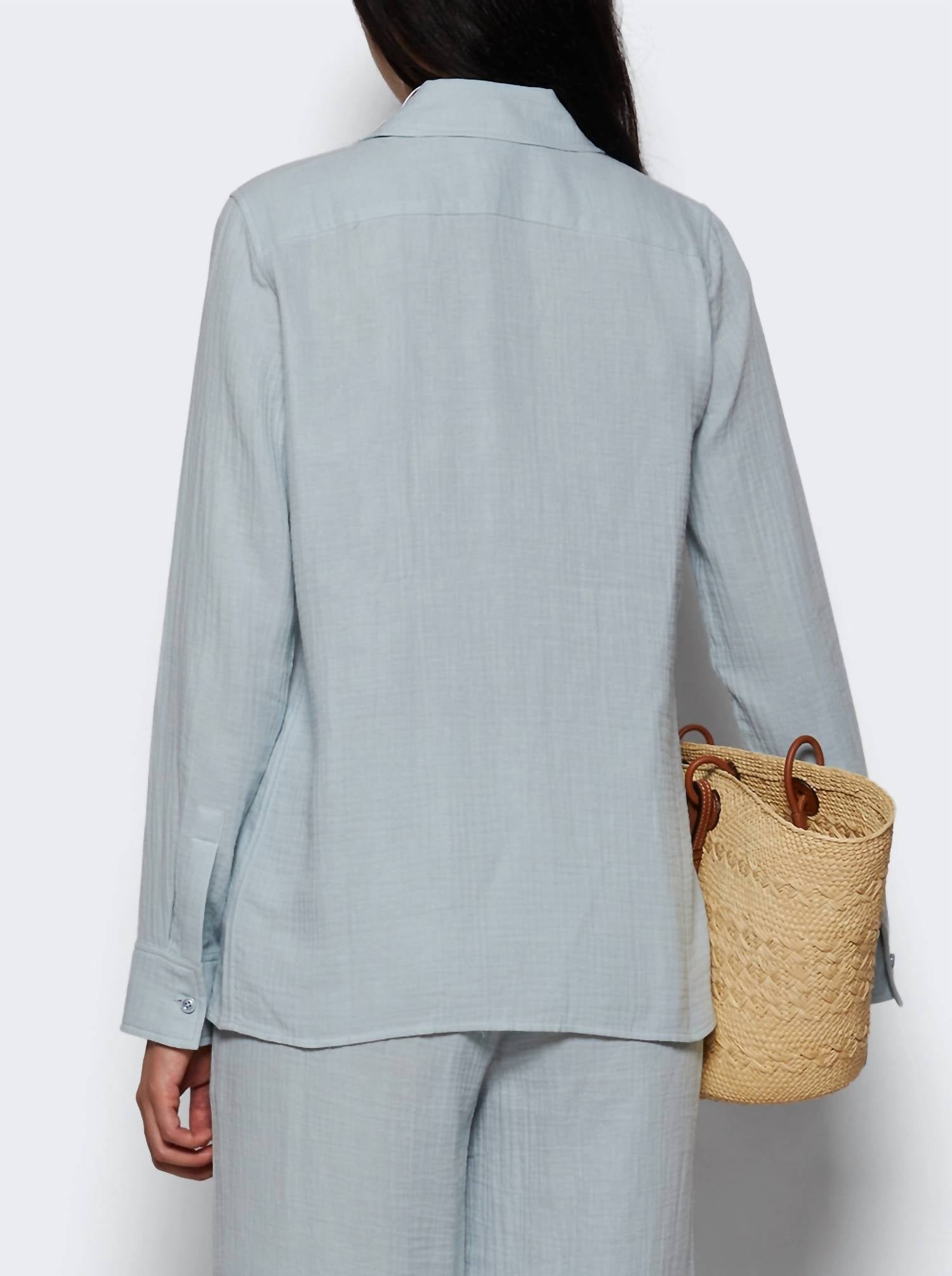 Eterne Constance Long Sleeve Button Down Shirt in dusty blue - women's long sleeve top - detail view