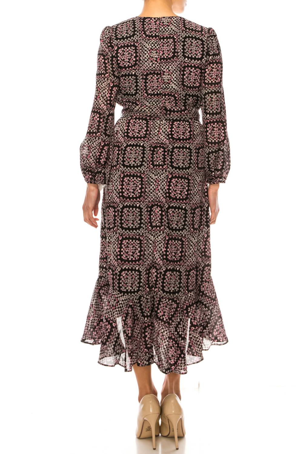 Maison Tara - Multi Print Surplice Neck Faux Wrap Midi Dress
