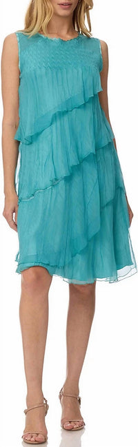 Komarov - Chiffon Charmeuse Round Neck Sleeveless Pleated Asymmetrical Ruffle Tiered Dress