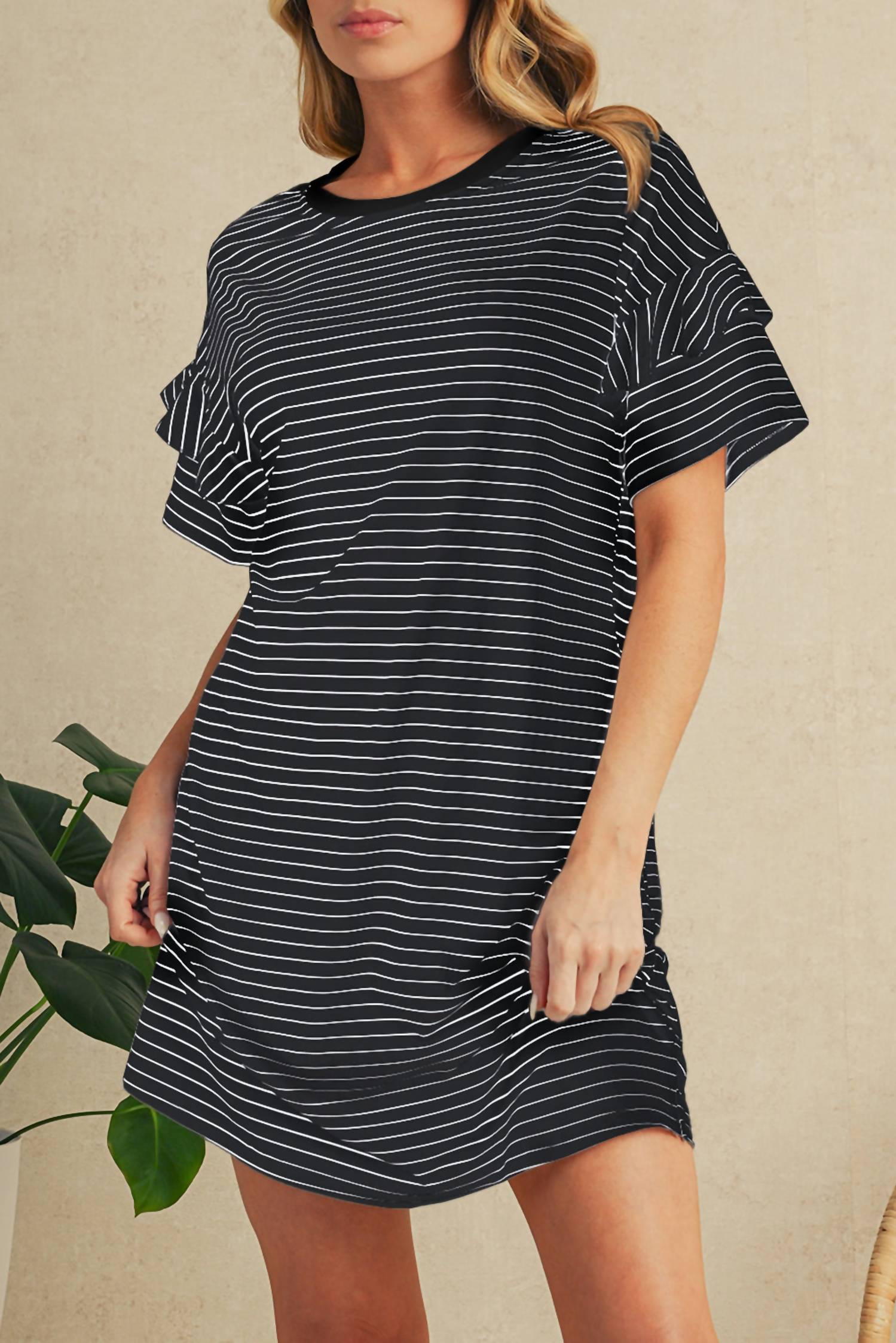 Shewin - Stripe Ruffle T-shirt Mini Dress