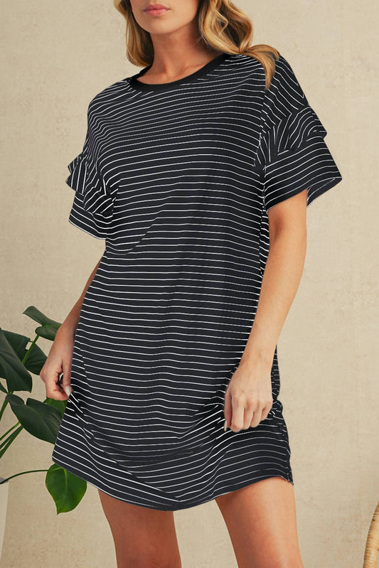 Shewin - Stripe Ruffle T-shirt Mini Dress