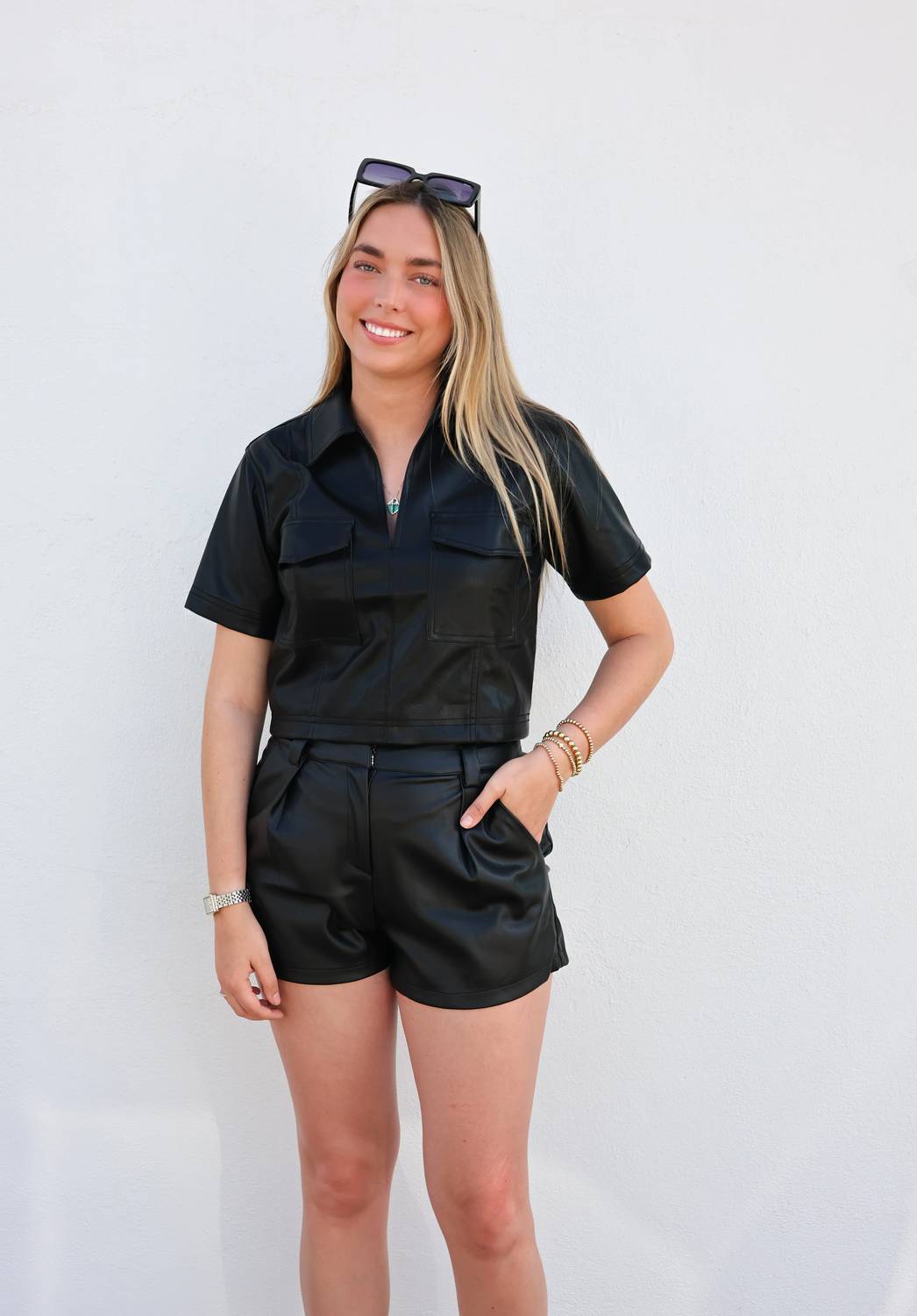 Tcec - Leather V Neck Collared Top