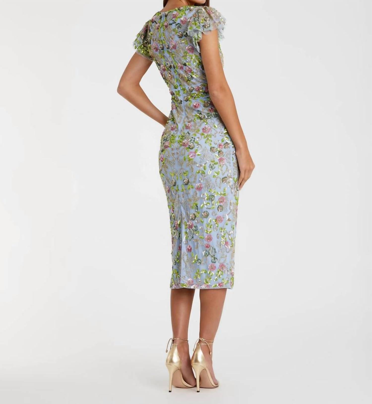 Mac Duggal - Floral Sequin Embellished Flutter Cap Sleeve Dress