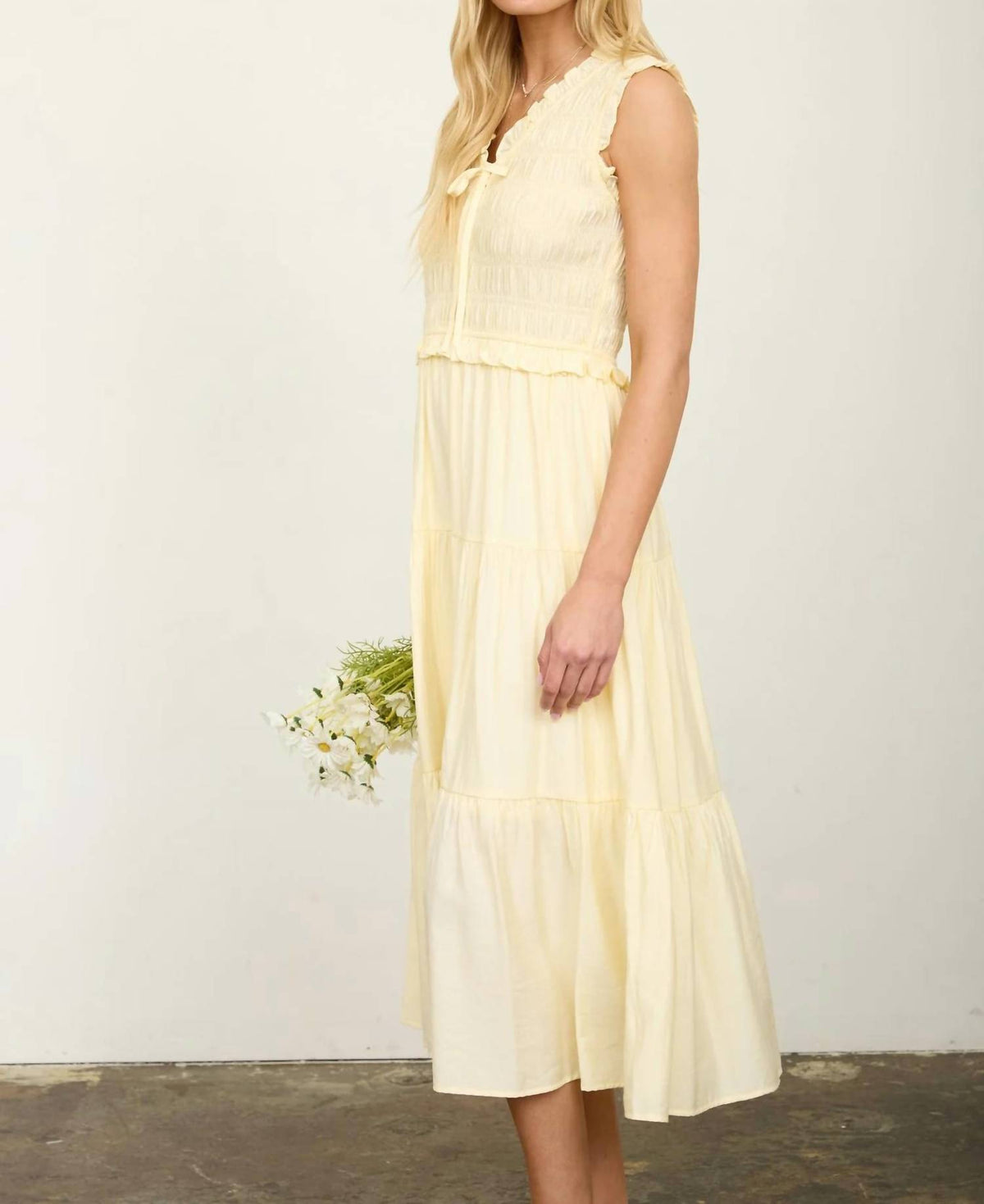 Blu Pepper - Smocked Front Tie Ruffle Detail Tiered Midi Dress