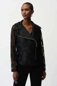 Joseph Ribkoff - Geometric Mesh Moto Jacket With Asymmetric Zipper