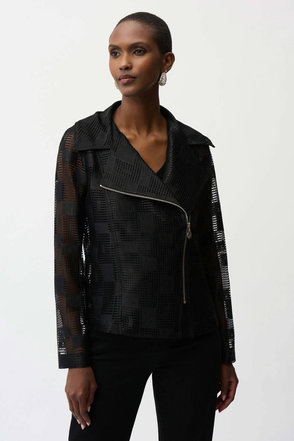 Joseph Ribkoff - Geometric Mesh Moto Jacket With Asymmetric Zipper