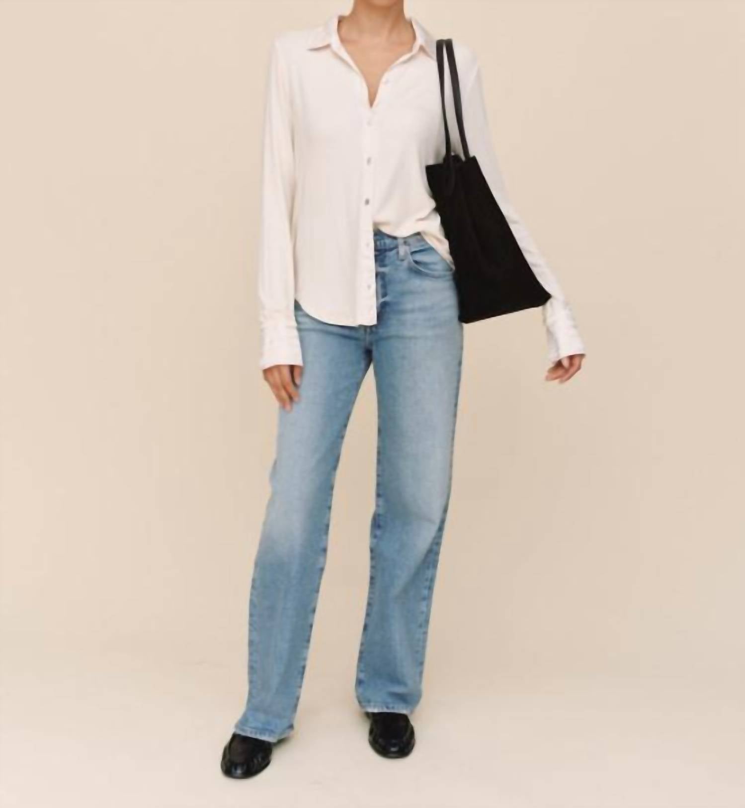 Bella Dahl Mixed Button Down Shirt in winter white - women's shirt - detail view