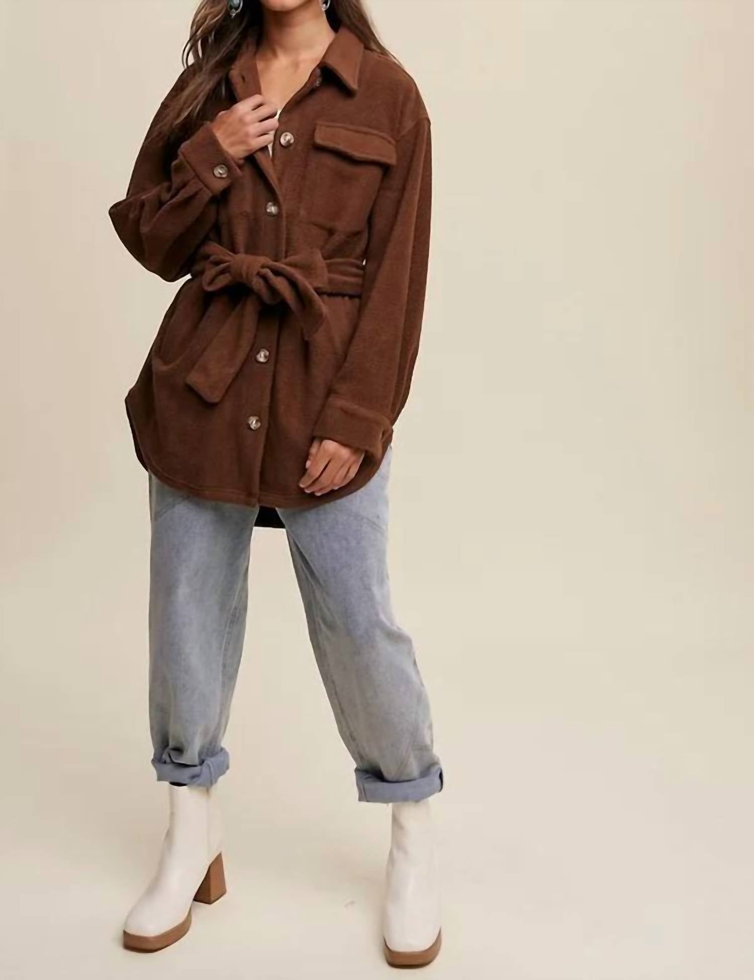 Listicle - Soft Teddy Shacket with Tie