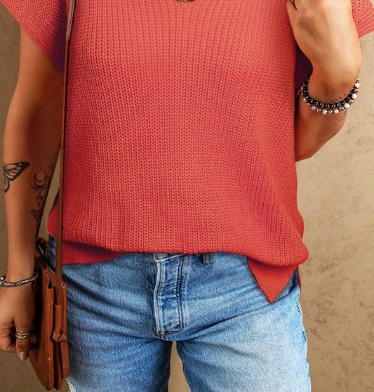 Shewin - Solid Textured Knitted Notch V Neck Sweater