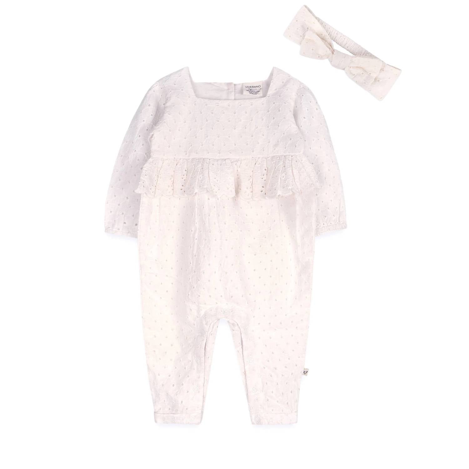 Viverano Organics - Kids' Organic Eyelet Baby Romper With Matching Headband