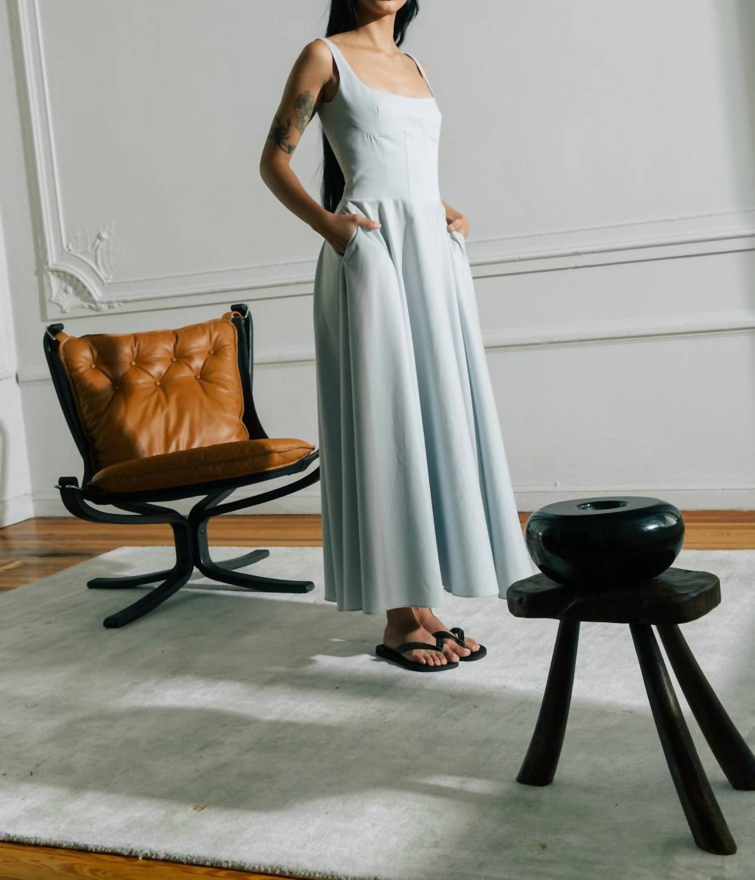Sloan Cotton Poplin Bodice Dress in blue gray - women's dress - detail view
