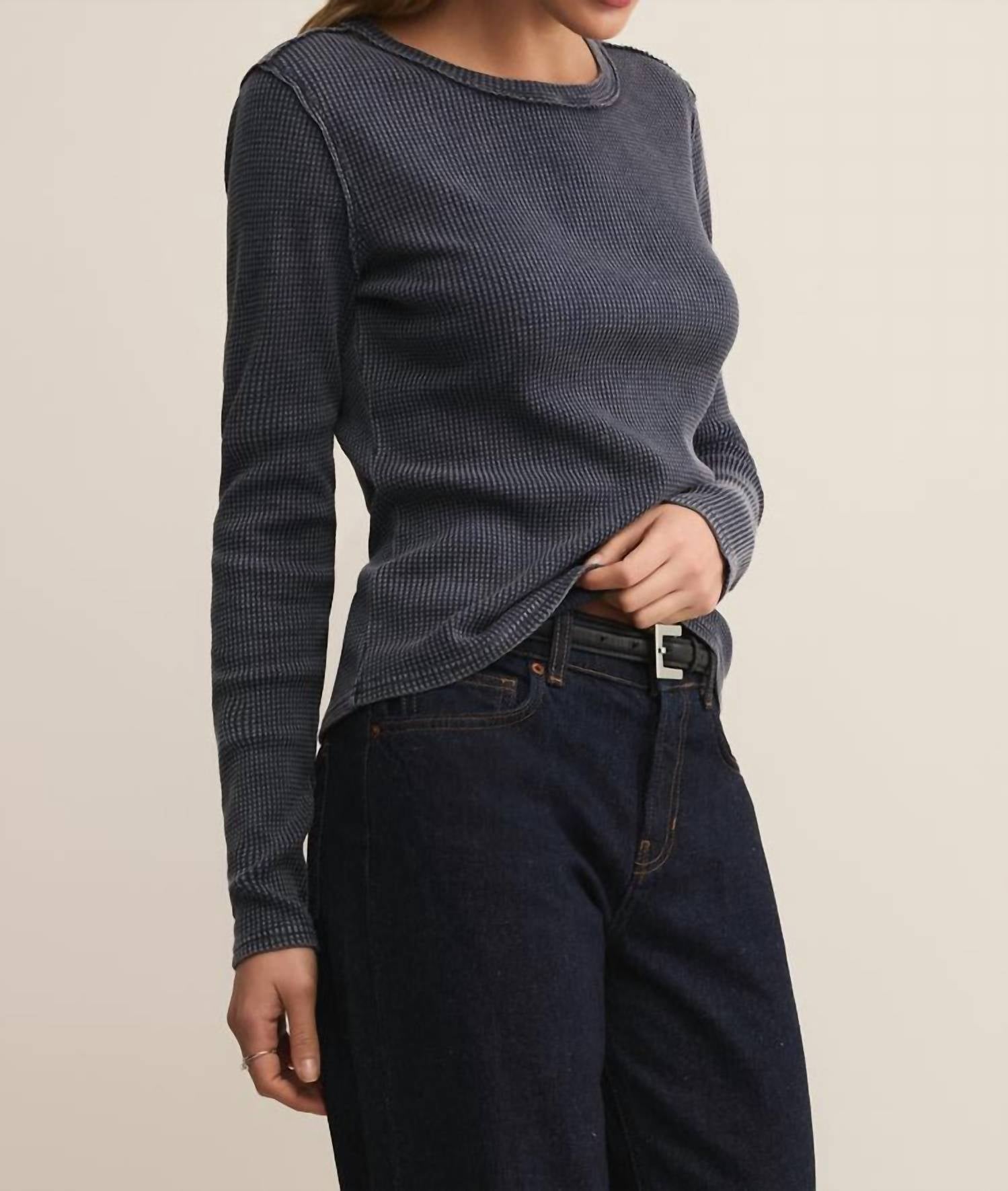 Z Supply Arlet Mini Thermal Top in blue saphire - women's long sleeve top - alternate view