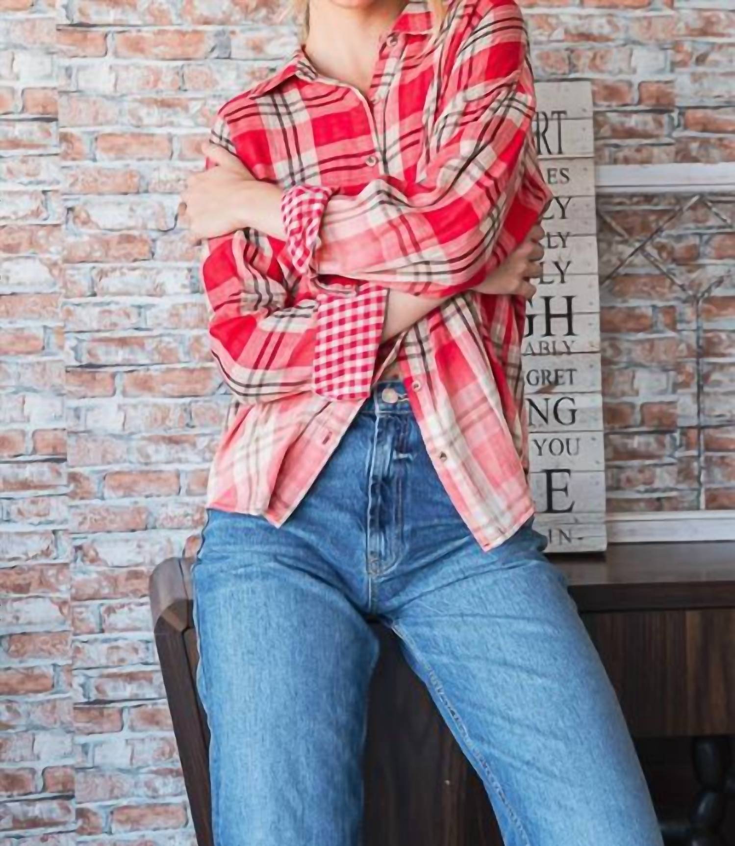 Vanilla Bay ADHARA BUTTON DOWN SHIRT in red - women's shirt - detail view