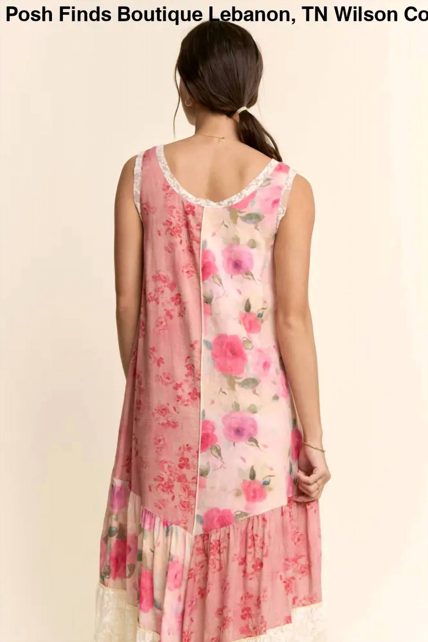 Davi & Dani - Women's Print Flower Patchwork Lace Tiered Dress