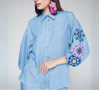 Vilagallo Button Down Embroidered Long Sleeve Blouse in light blue - women's blouse