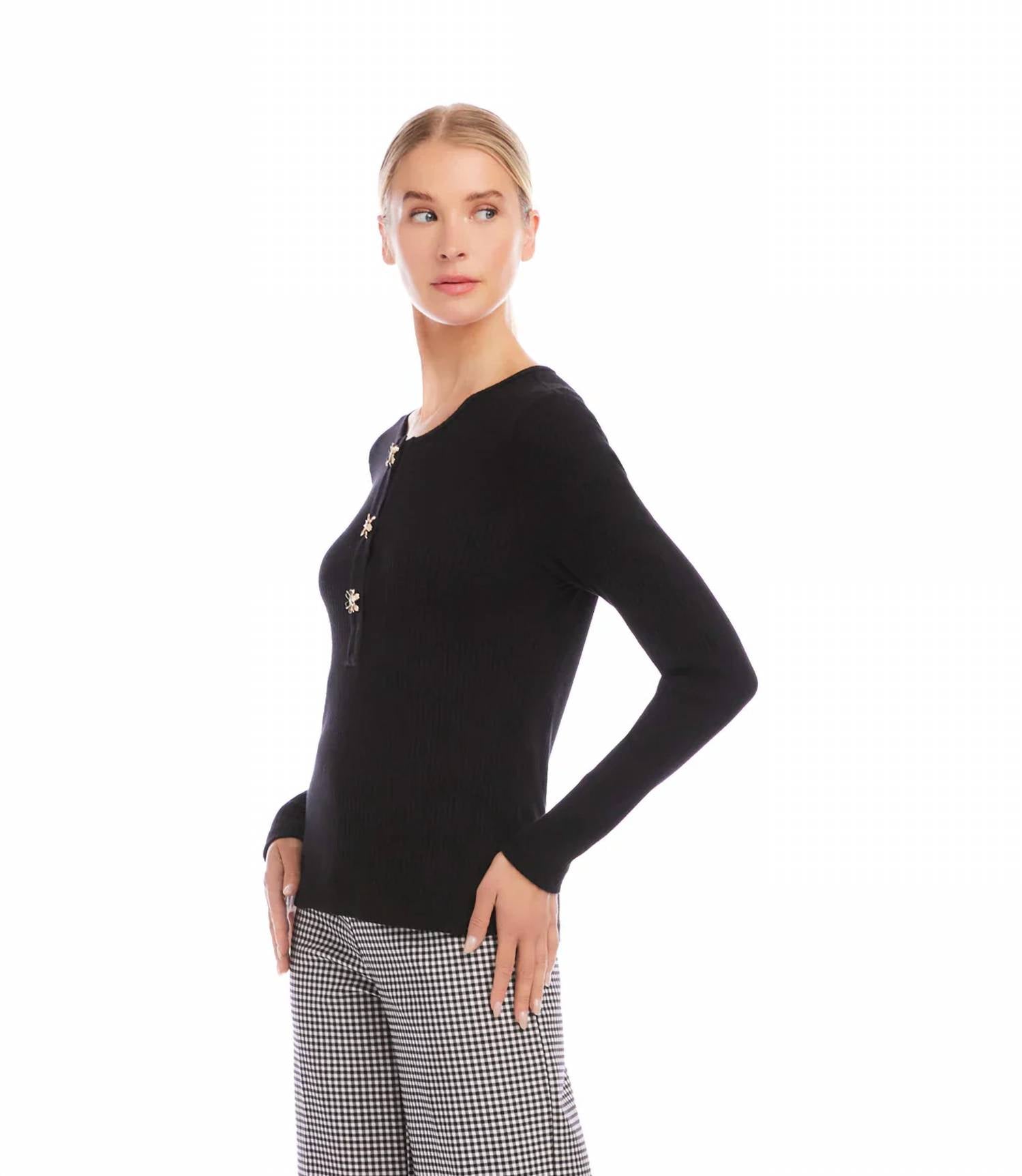 Karen Kane - Landry Long Sleeve Ribbed Flower Button Detail Top