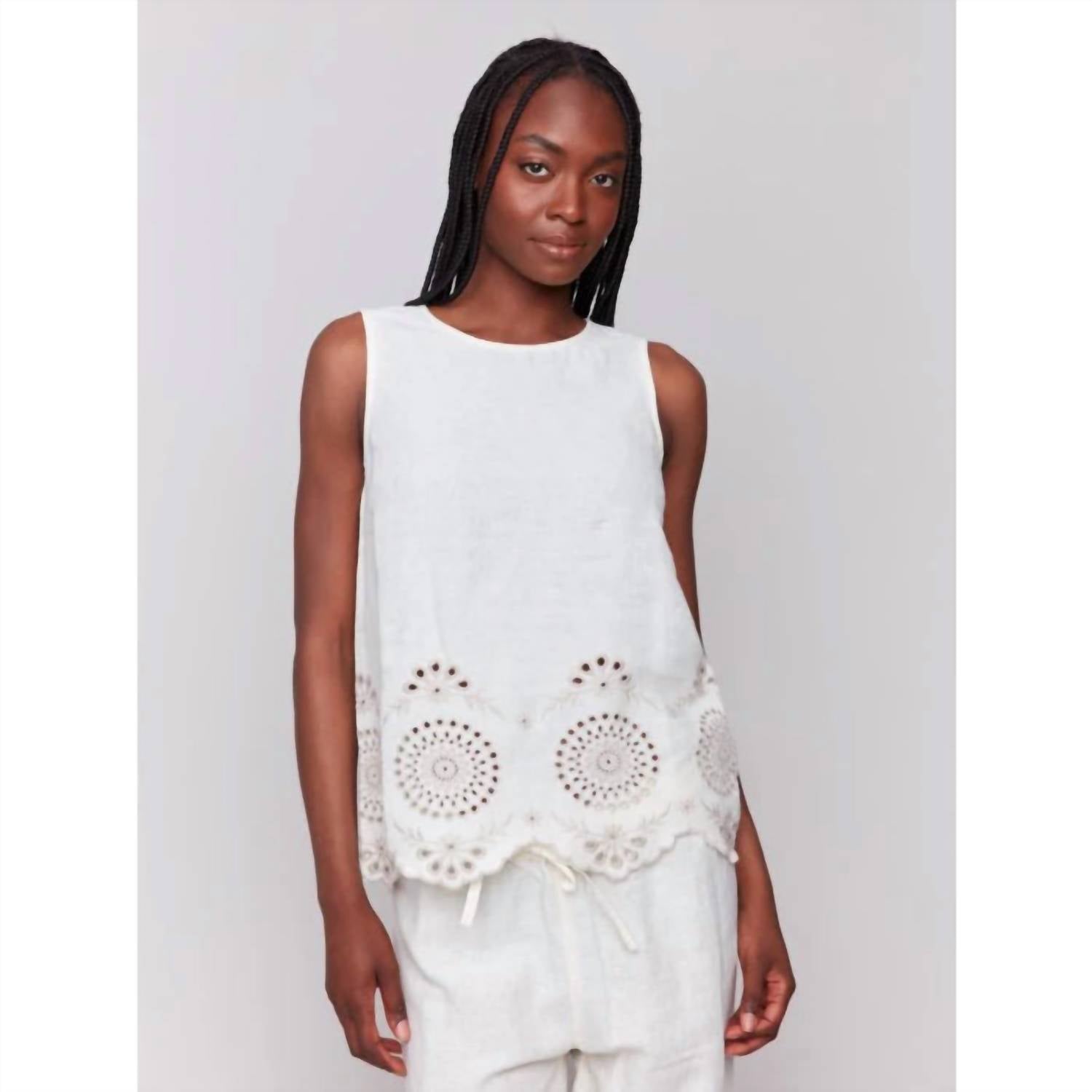CHARLIE B Women's Embroidered Sleeveless Top in white - women's blouse - alternate view