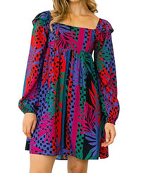 Oddi - Zoe Tropical Leaves Print Babydoll Mini Dress