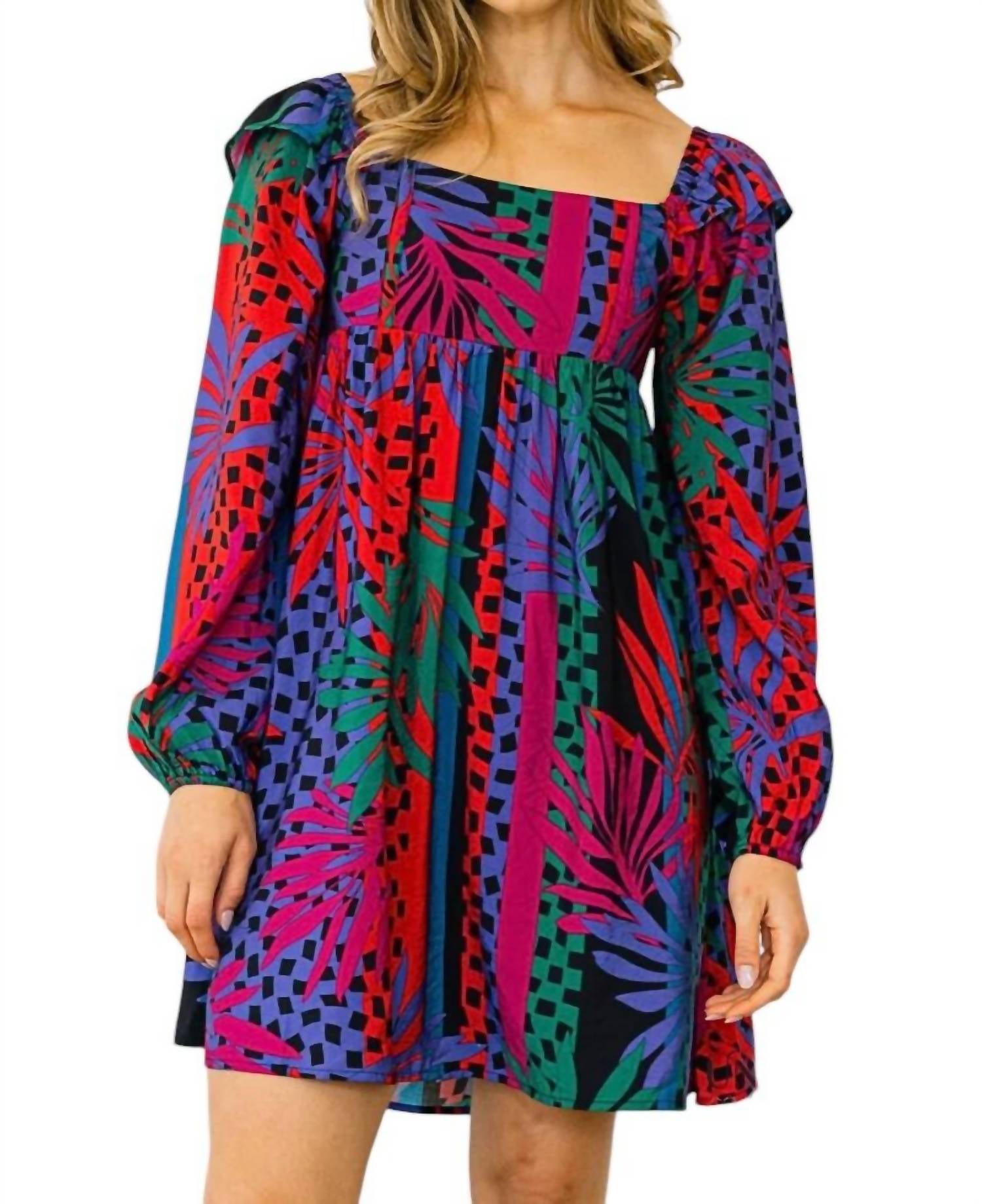 Oddi - Zoe Tropical Leaves Print Babydoll Mini Dress