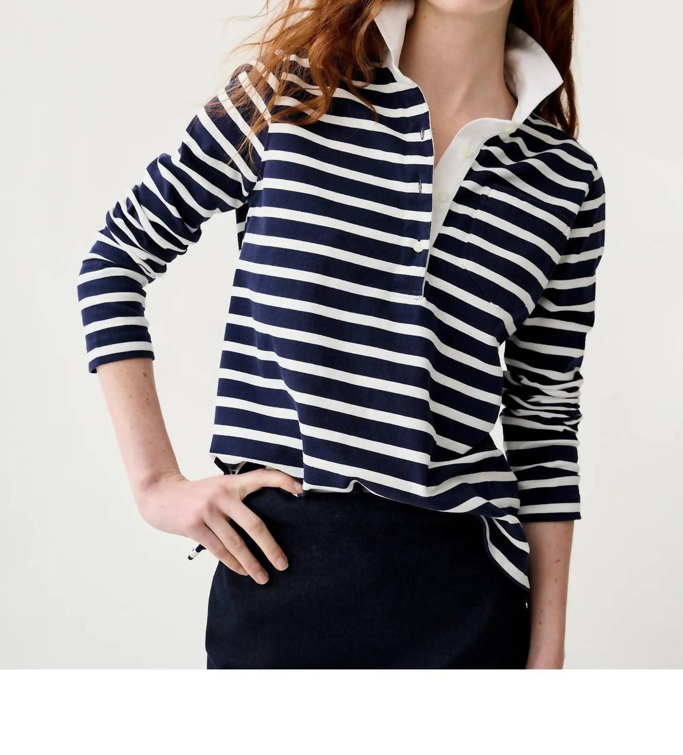 Ann Mashburn Franny Rugby Polo in navy white heavy jersey - women's long sleeve top