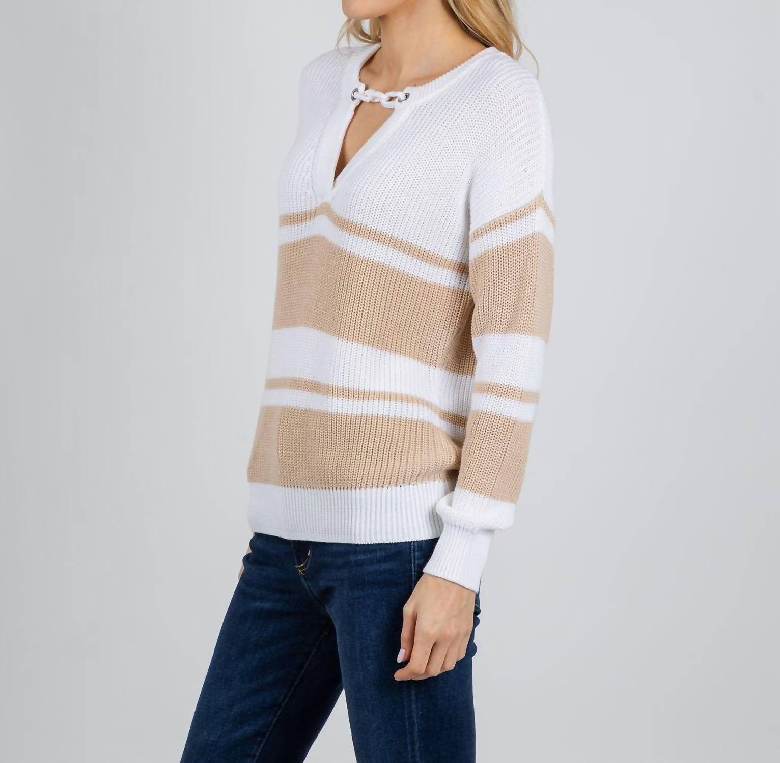 Autumn Cashmere Shaker Stripe Sweater With Crochet Chain Detail in bleach white latte - women's sweater - alternate view