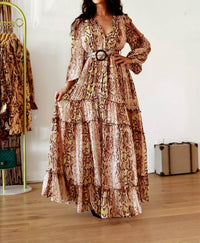Little Secret Of Mine - Snake Print Maxi Dress With Slit And Long Sleeves