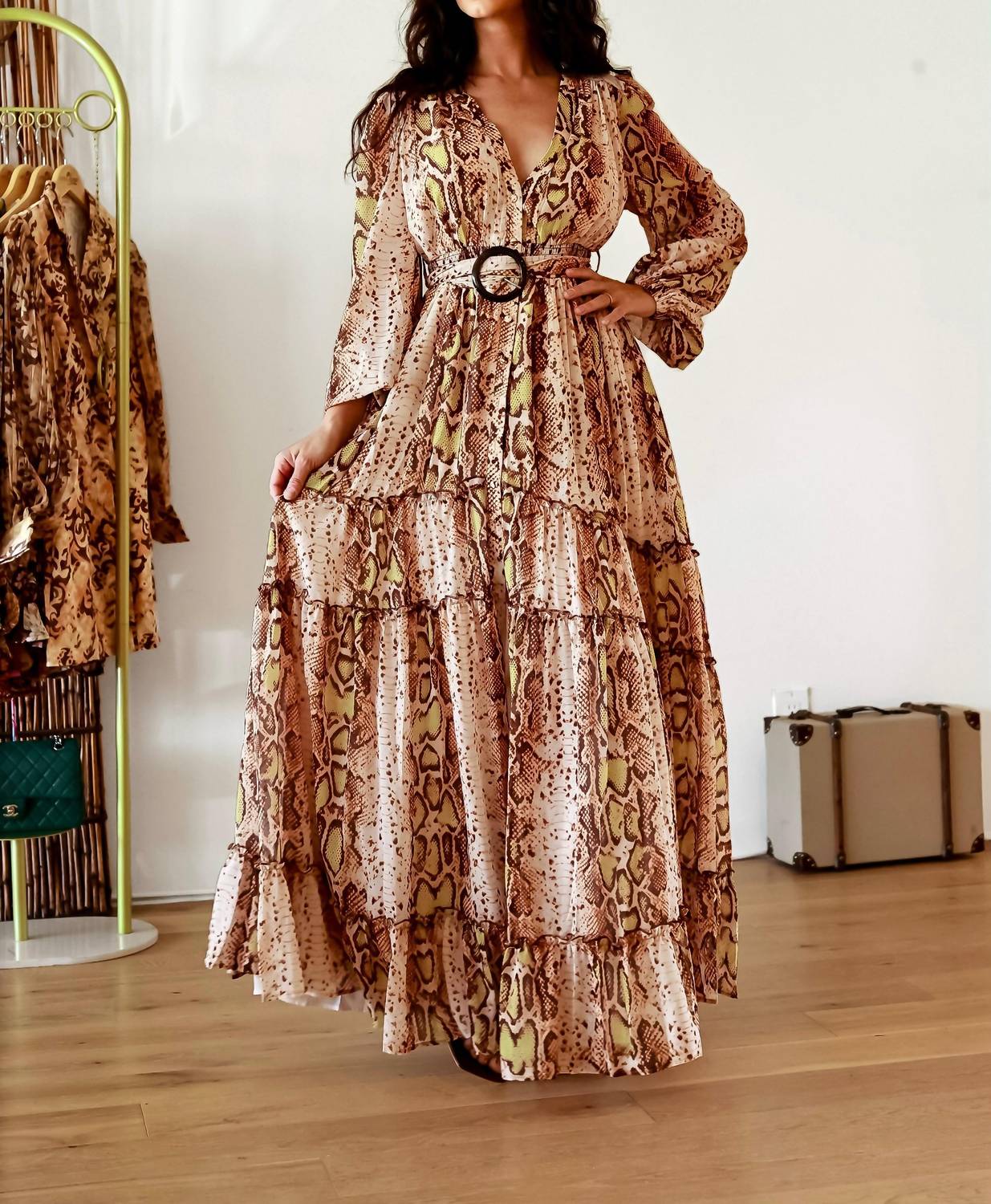 Little Secret Of Mine - Snake Print Maxi Dress With Slit And Long Sleeves