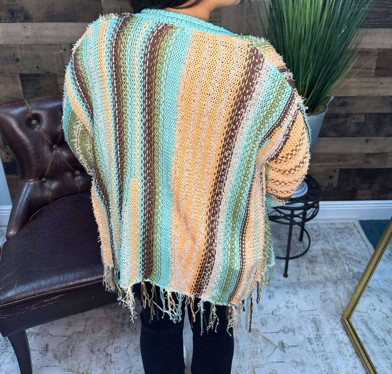 Easel - Stripe Fringe Cardigan Sweater